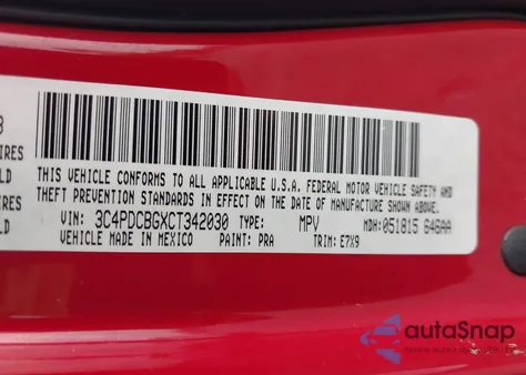 2012 Dodge Journey Sxt из США, поврежденный, VIN 3C4PDCBGXCT342030